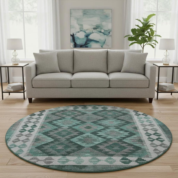 HomeRoots 8' X 10' Pale Aqua & Ivory Tribal Area Rug - Washable, UV-Protected, Stylish for Kids & Pets! 707969