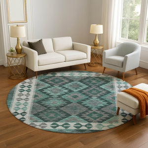 HomeRoots 8' X 10' Pale Aqua & Ivory Tribal Area Rug - Washable, UV-Protected, Stylish for Kids & Pets! 707969