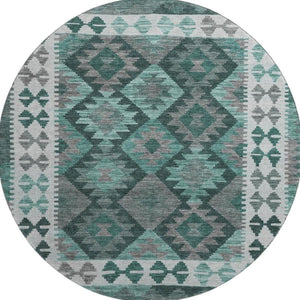 HomeRoots 8' X 10' Pale Aqua & Ivory Tribal Area Rug - Washable, UV-Protected, Stylish for Kids & Pets! 707969