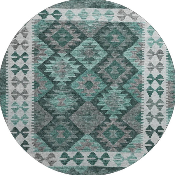 HomeRoots 8' X 10' Pale Aqua & Ivory Tribal Area Rug - Washable, UV-Protected, Stylish for Kids & Pets! 707969