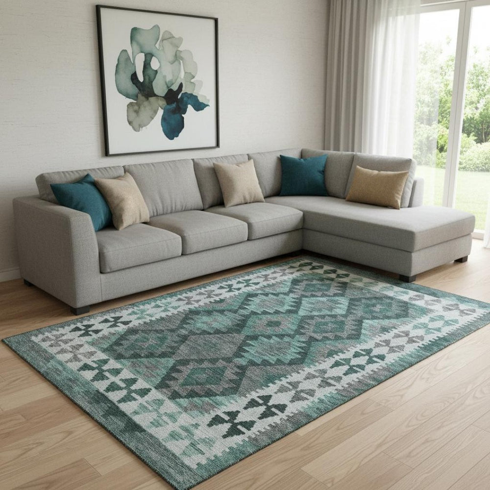 HomeRoots 9' X 12' Pale Aqua Tribal Area Rug with UV Protection – Stylish, Stain Resistant, Non-Slip Design! 707970