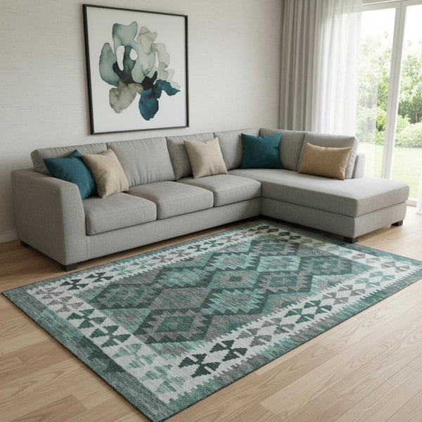 HomeRoots 9' X 12' Pale Aqua Tribal Area Rug with UV Protection – Stylish, Stain Resistant, Non-Slip Design! 707970