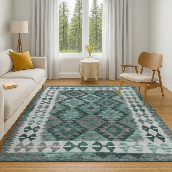 HomeRoots 9' X 12' Pale Aqua Tribal Area Rug with UV Protection – Stylish, Stain Resistant, Non-Slip Design! 707970