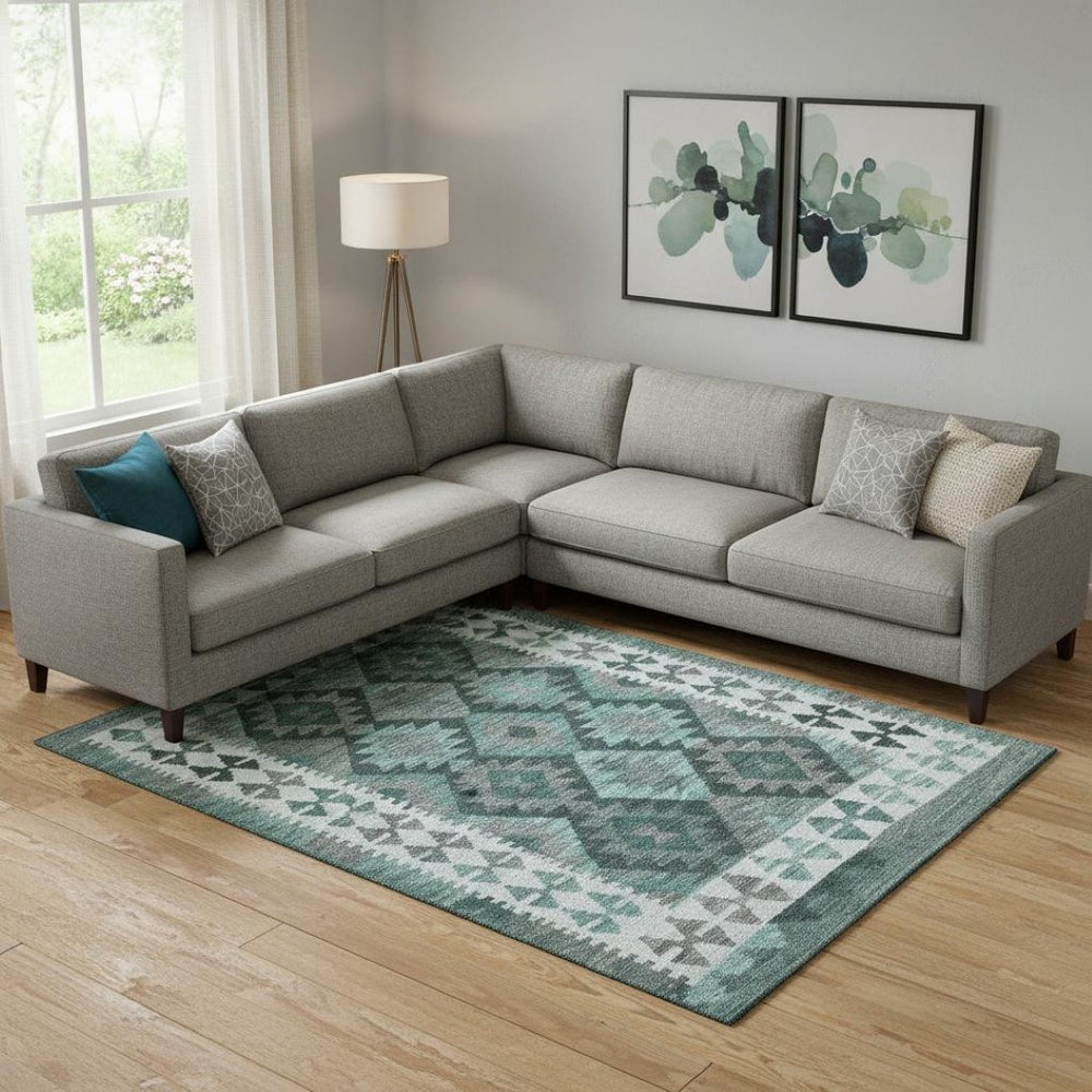 HomeRoots 10' X 14' Pale Aqua Tribal Washable Area Rug - Stain-Resistant, UV Protected, Perfect for Families! 707971