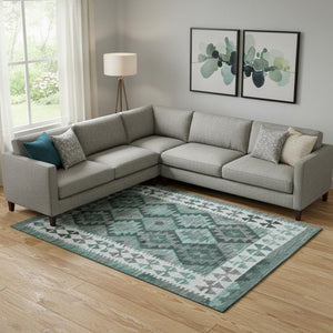 HomeRoots 10' X 14' Pale Aqua Tribal Washable Area Rug - Stain-Resistant, UV Protected, Perfect for Families! 707971