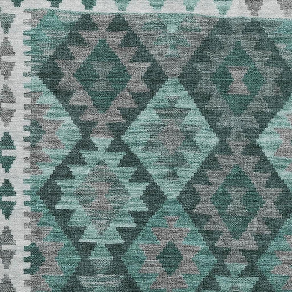HomeRoots 10' X 14' Pale Aqua Tribal Washable Area Rug - Stain-Resistant, UV Protected, Perfect for Families! 707971