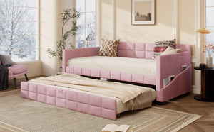 English Elm Modern Velvet Twin Daybed with Pull Out Trundle and Built in Armrest Storage Pockets Pink SF000200AAH