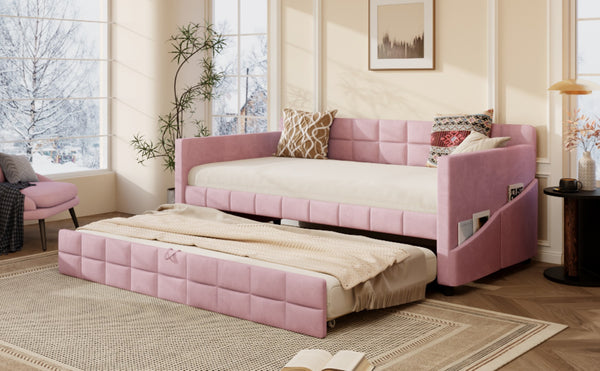English Elm Modern Velvet Twin Daybed with Pull Out Trundle and Built in Armrest Storage Pockets Pink SF000200AAH