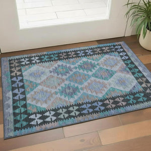 HomeRoots 5' X 8' Teal And Charcoal Tribal Area Rug - Durable, Washable, UV-Protected, Perfect for Families & Pets 707973