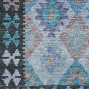 HomeRoots 5' X 8' Teal And Charcoal Tribal Area Rug - Durable, Washable, UV-Protected, Perfect for Families & Pets 707973