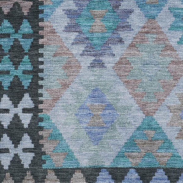 HomeRoots 8' Teal and Charcoal Tribal Round Rug – Washable, UV-Protected, Durable for Kids & Pets, Stylish Decor 707974