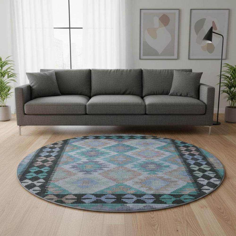 HomeRoots 8' X 10' Teal and Charcoal Tribal Area Rug - Durable, Stain-Resistant, UV-Protected for Family Spaces 707975