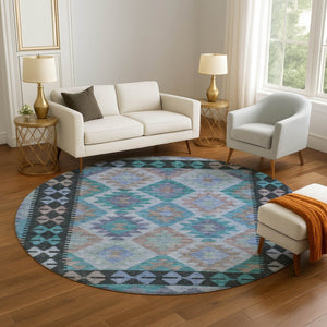 HomeRoots 8' X 10' Teal and Charcoal Tribal Area Rug - Durable, Stain-Resistant, UV-Protected for Family Spaces 707975