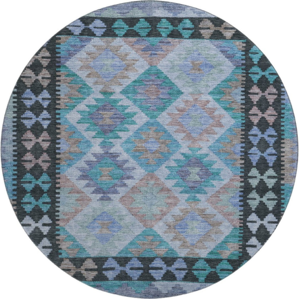 HomeRoots 8' X 10' Teal and Charcoal Tribal Area Rug - Durable, Stain-Resistant, UV-Protected for Family Spaces 707975