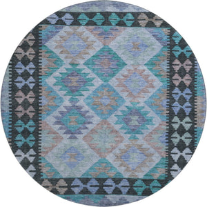 HomeRoots 8' X 10' Teal and Charcoal Tribal Area Rug - Durable, Stain-Resistant, UV-Protected for Family Spaces 707975
