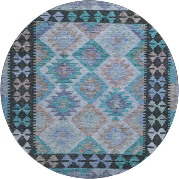 HomeRoots 8' X 10' Teal and Charcoal Tribal Area Rug - Durable, Stain-Resistant, UV-Protected for Family Spaces 707975