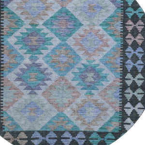 HomeRoots 8' X 10' Teal and Charcoal Tribal Area Rug - Durable, Stain-Resistant, UV-Protected for Family Spaces 707975