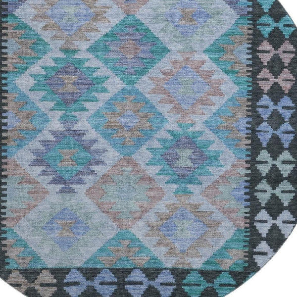 HomeRoots 8' X 10' Teal and Charcoal Tribal Area Rug - Durable, Stain-Resistant, UV-Protected for Family Spaces 707975