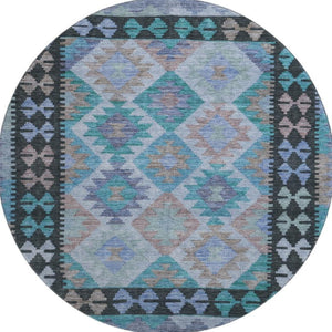 HomeRoots 8' X 10' Teal and Charcoal Tribal Area Rug - Durable, Stain-Resistant, UV-Protected for Family Spaces 707975