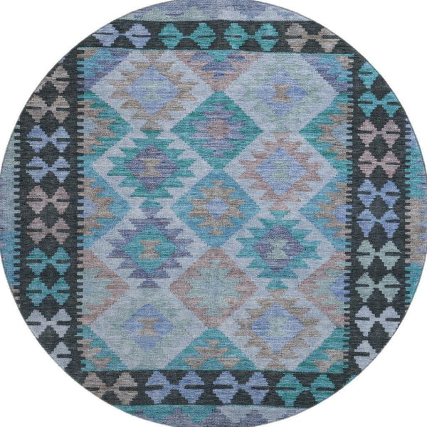 HomeRoots 8' X 10' Teal and Charcoal Tribal Area Rug - Durable, Stain-Resistant, UV-Protected for Family Spaces 707975