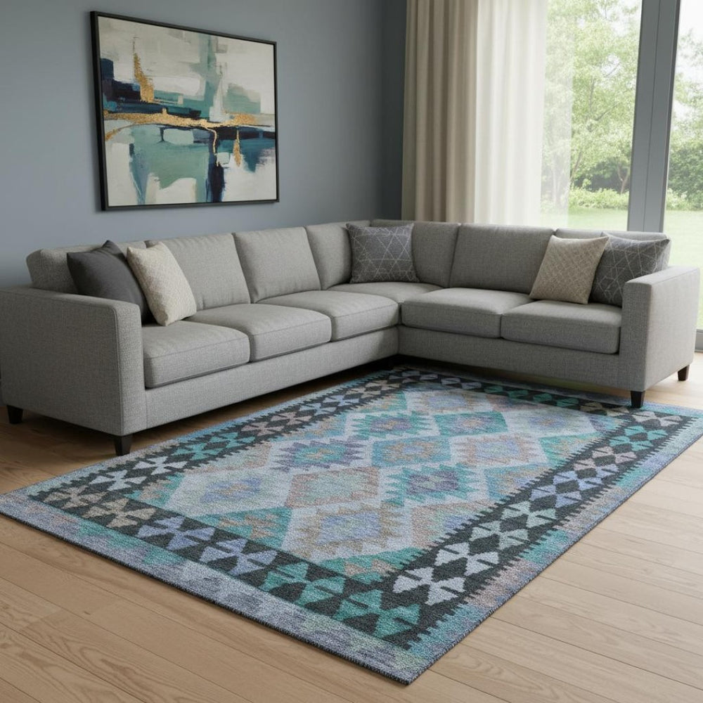 HomeRoots 9' X 12' Teal & Charcoal Tribal Area Rug - Washable, UV Protected, Stain Resistant for Home Style 707976