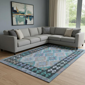HomeRoots 9' X 12' Teal & Charcoal Tribal Area Rug - Washable, UV Protected, Stain Resistant for Home Style 707976
