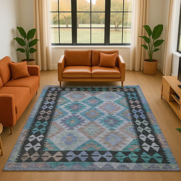 HomeRoots 9' X 12' Teal & Charcoal Tribal Area Rug - Washable, UV Protected, Stain Resistant for Home Style 707976
