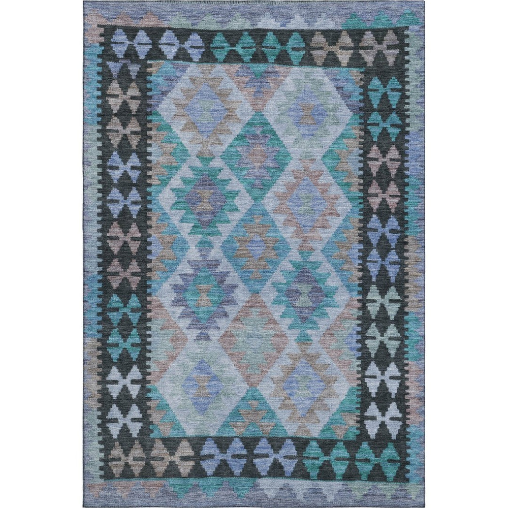 HomeRoots 9' X 12' Teal & Charcoal Tribal Area Rug - Washable, UV Protected, Stain Resistant for Home Style 707976