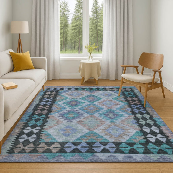 HomeRoots 9' X 12' Teal & Charcoal Tribal Area Rug - Washable, UV Protected, Stain Resistant for Home Style 707976