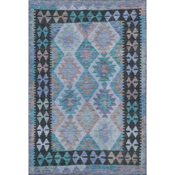 HomeRoots 9' X 12' Teal & Charcoal Tribal Area Rug - Washable, UV Protected, Stain Resistant for Home Style 707976