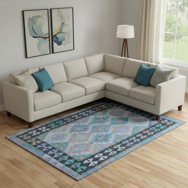 HomeRoots 10' X 14' Teal Charcoal Tribal Area Rug - Washable, UV-Protected, Stain-Resistant for High-Traffic Areas 707977