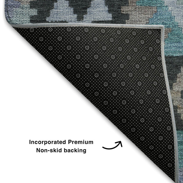 HomeRoots 10' X 14' Teal Charcoal Tribal Area Rug - Washable, UV-Protected, Stain-Resistant for High-Traffic Areas 707977