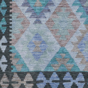HomeRoots 10' X 14' Teal Charcoal Tribal Area Rug - Washable, UV-Protected, Stain-Resistant for High-Traffic Areas 707977