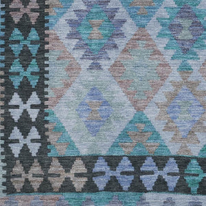 HomeRoots 10' X 14' Teal Charcoal Tribal Area Rug - Washable, UV-Protected, Stain-Resistant for High-Traffic Areas 707977