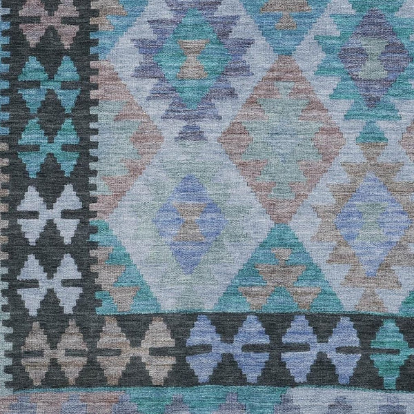HomeRoots 10' X 14' Teal Charcoal Tribal Area Rug - Washable, UV-Protected, Stain-Resistant for High-Traffic Areas 707977