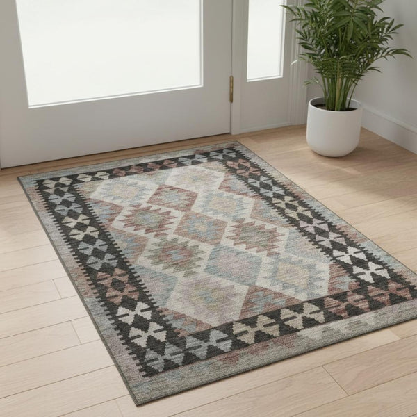 HomeRoots 5' X 8' Stylish Taupe & Charcoal Tribal Area Rug - Durable, Washable, UV Protected for Busy Homes 707979