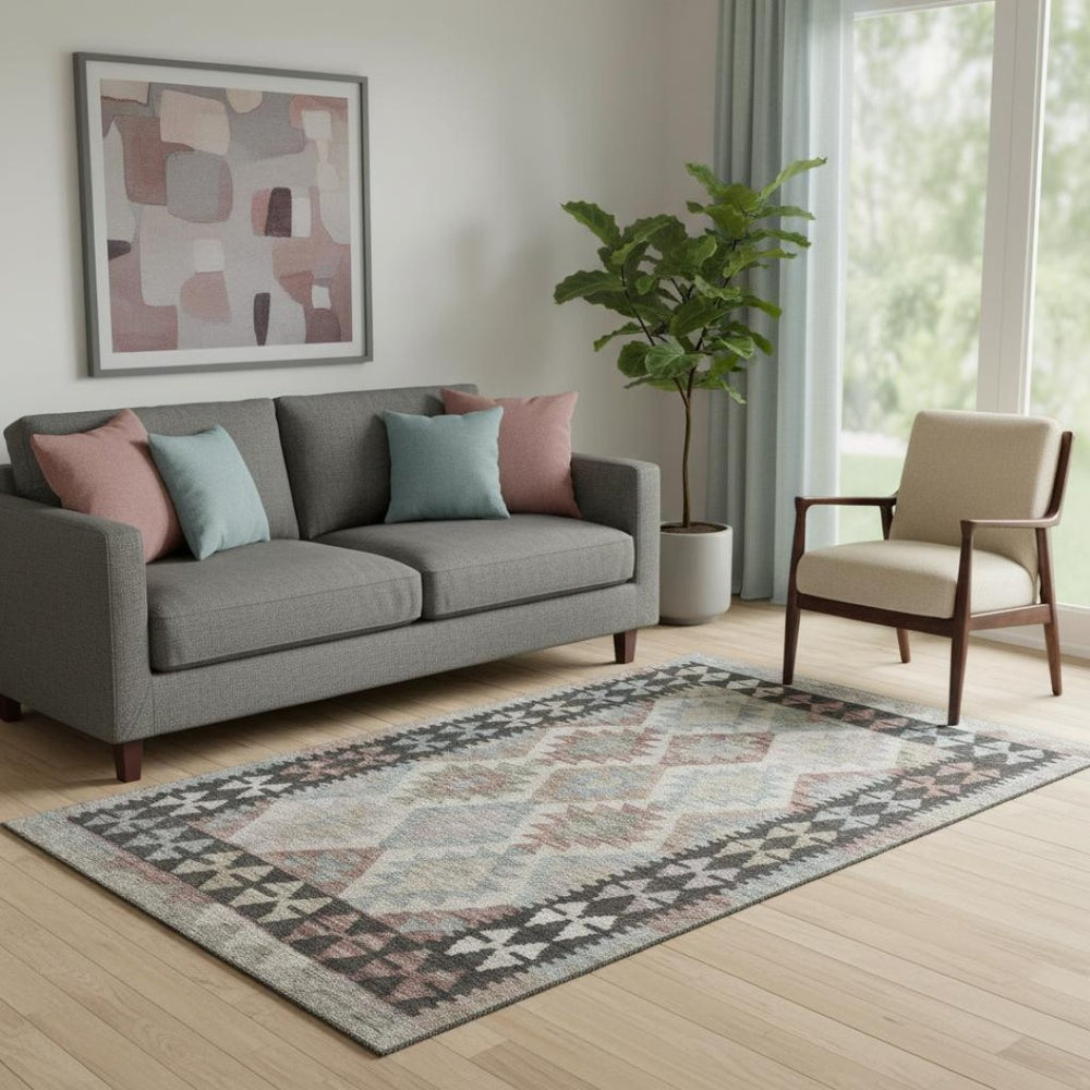 HomeRoots 8' Tribal Round Rug in Taupe & Charcoal - Washable, UV-Protected, Non-Slip, Perfect for Busy Homes! 707980