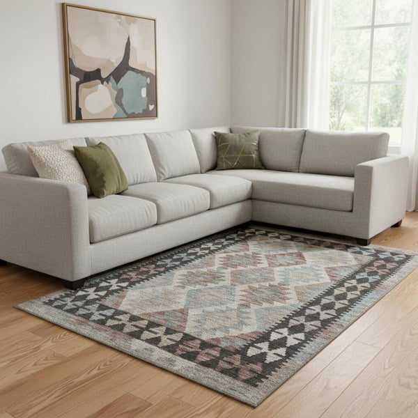HomeRoots 9' X 12' Taupe & Charcoal Tribal Washable Area Rug - Durable, Stain-Resistant, UV Protected Design! 707982
