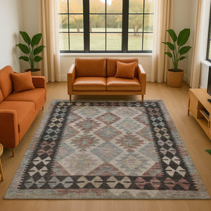 HomeRoots 10' X 14' Stylish Taupe & Charcoal Tribal Area Rug with UV Protection – Durable, Washable, & Stain-Resistant! 707983