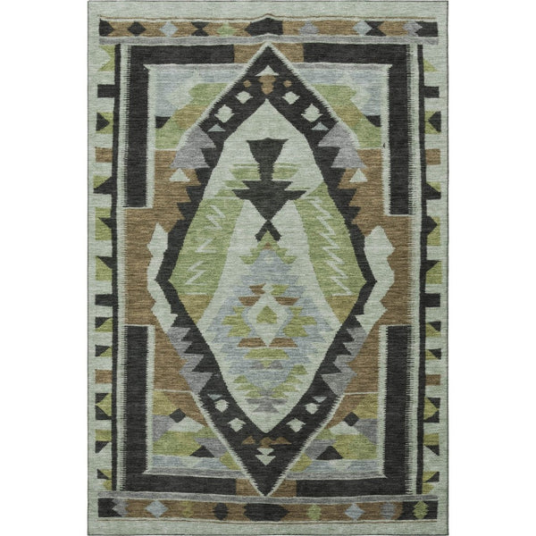 HomeRoots 5' X 8' Tribal Area Rug in Brown, Green & Charcoal - Washable, UV-Protected & Pet-Friendly Design 707985