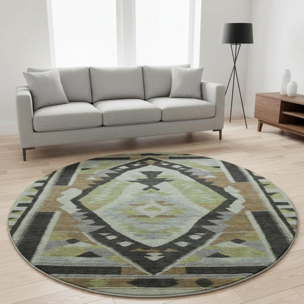 HomeRoots 8' Washable Tribal Area Rug in Brown, Green & Charcoal - UV Protected, Stain Resistant & Stylish! 707987