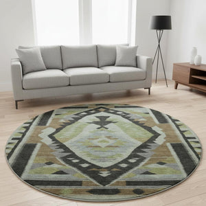 HomeRoots 8' Washable Tribal Area Rug in Brown, Green & Charcoal - UV Protected, Stain Resistant & Stylish! 707987