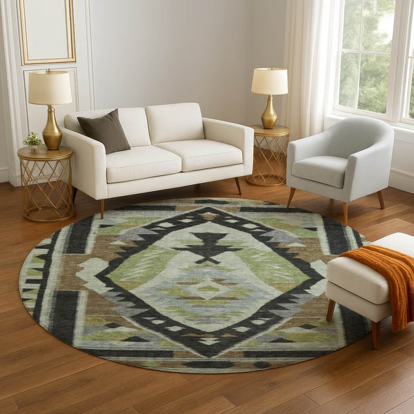 HomeRoots 8' Washable Tribal Area Rug in Brown, Green & Charcoal - UV Protected, Stain Resistant & Stylish! 707987