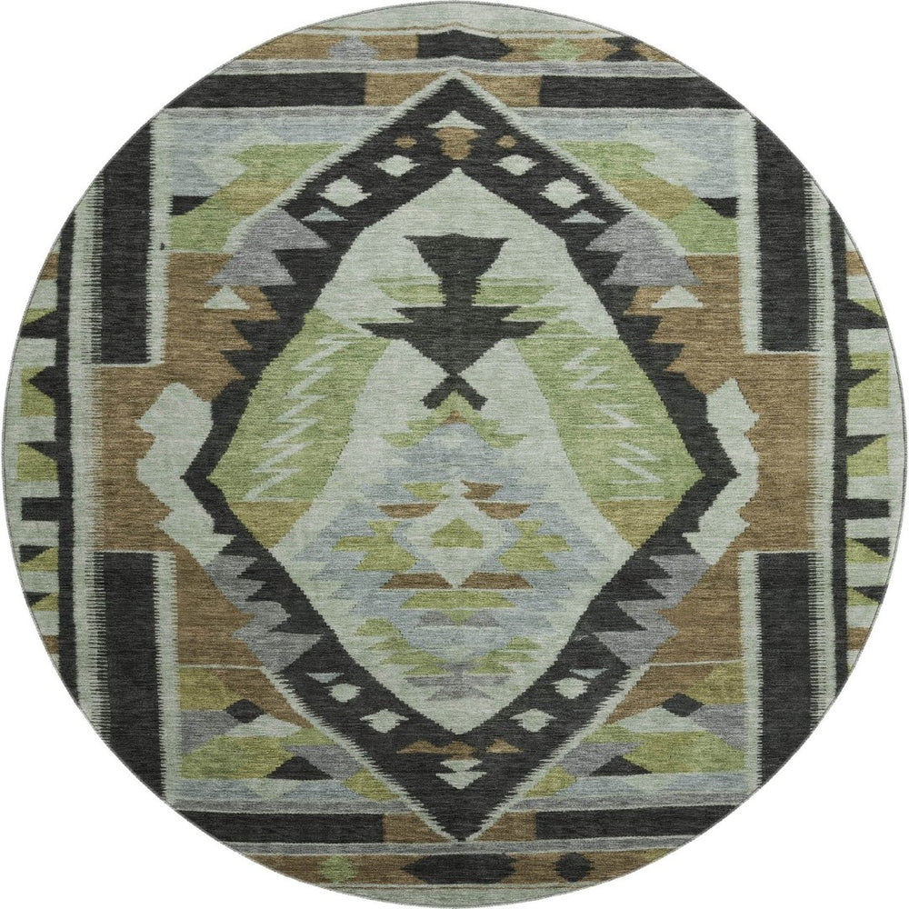 HomeRoots 8' Washable Tribal Area Rug in Brown, Green & Charcoal - UV Protected, Stain Resistant & Stylish! 707987
