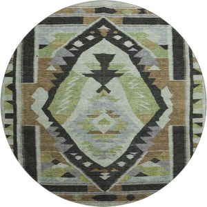 HomeRoots 8' Washable Tribal Area Rug in Brown, Green & Charcoal - UV Protected, Stain Resistant & Stylish! 707987