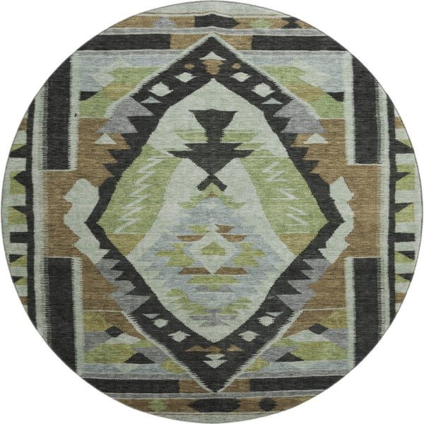 HomeRoots 8' Washable Tribal Area Rug in Brown, Green & Charcoal - UV Protected, Stain Resistant & Stylish! 707987