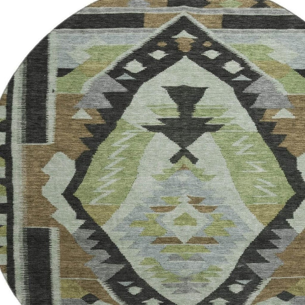 HomeRoots 8' Washable Tribal Area Rug in Brown, Green & Charcoal - UV Protected, Stain Resistant & Stylish! 707987
