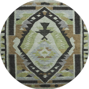 HomeRoots 8' Washable Tribal Area Rug in Brown, Green & Charcoal - UV Protected, Stain Resistant & Stylish! 707987