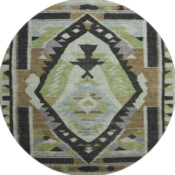 HomeRoots 8' Washable Tribal Area Rug in Brown, Green & Charcoal - UV Protected, Stain Resistant & Stylish! 707987