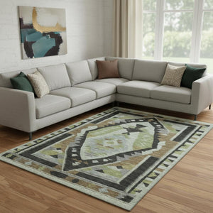 HomeRoots 9' X 12' Tribal Washable Area Rug - Earthy Brown & Green with UV Protection for Busy Homes! 707988